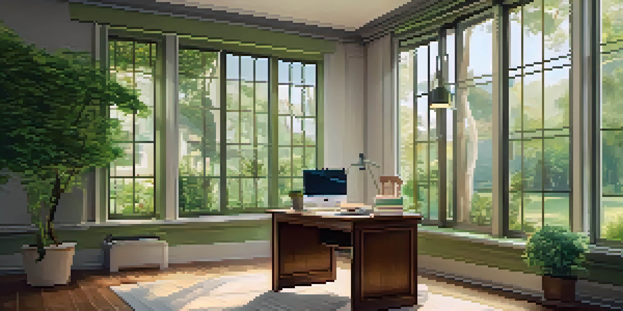 A bright office space with a view of a green garden, featuring a wooden desk, laptop, and a cup of tea.