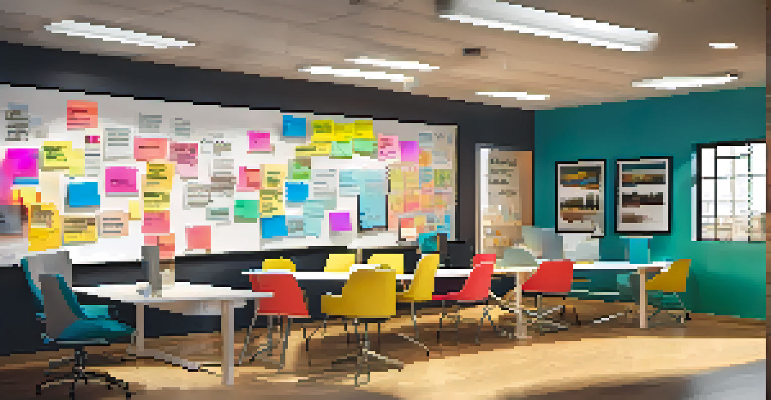 An inspirational workspace with motivational quotes, employees brainstorming around a large table in a cozy and vibrant atmosphere.