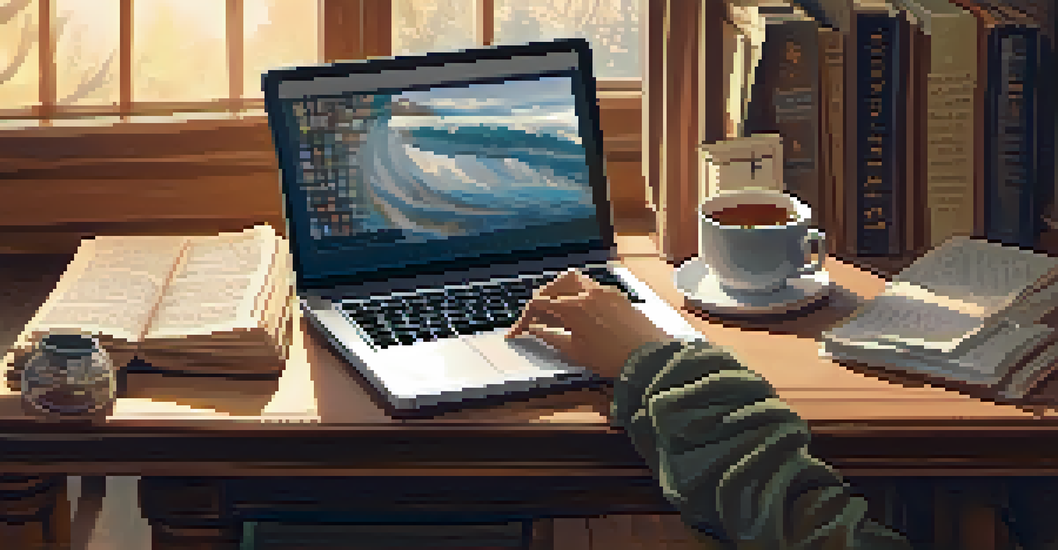 Close-up of hands typing on a laptop with notes and tea nearby, set in a cozy living room with warm lighting and bookshelves in the background.