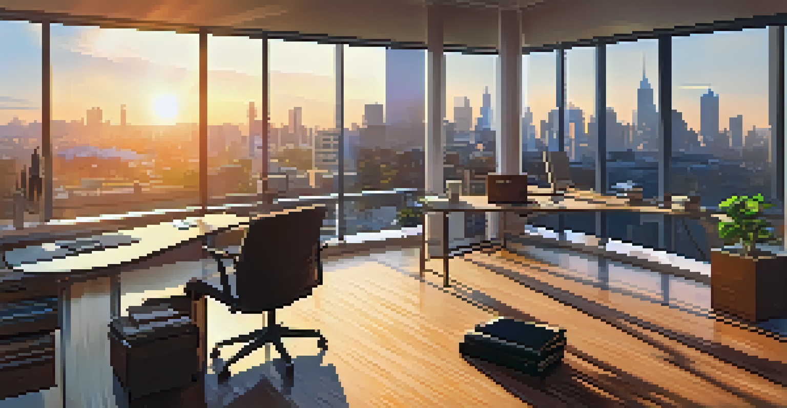 A peaceful office workspace with a city skyline view at sunset, featuring a laptop and a cup of coffee.
