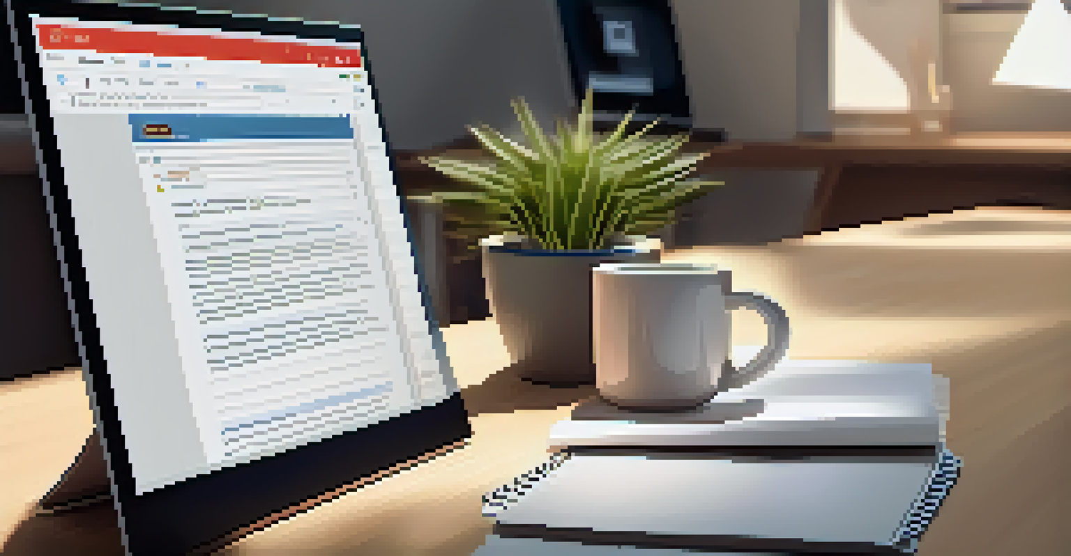 A computer screen displaying a professional email draft, with a coffee mug and notepad on the desk.