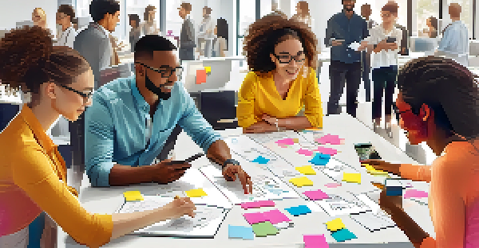 A group of diverse young professionals collaborating around a table with sticky notes and devices, filled with natural light and a whiteboard with ideas.