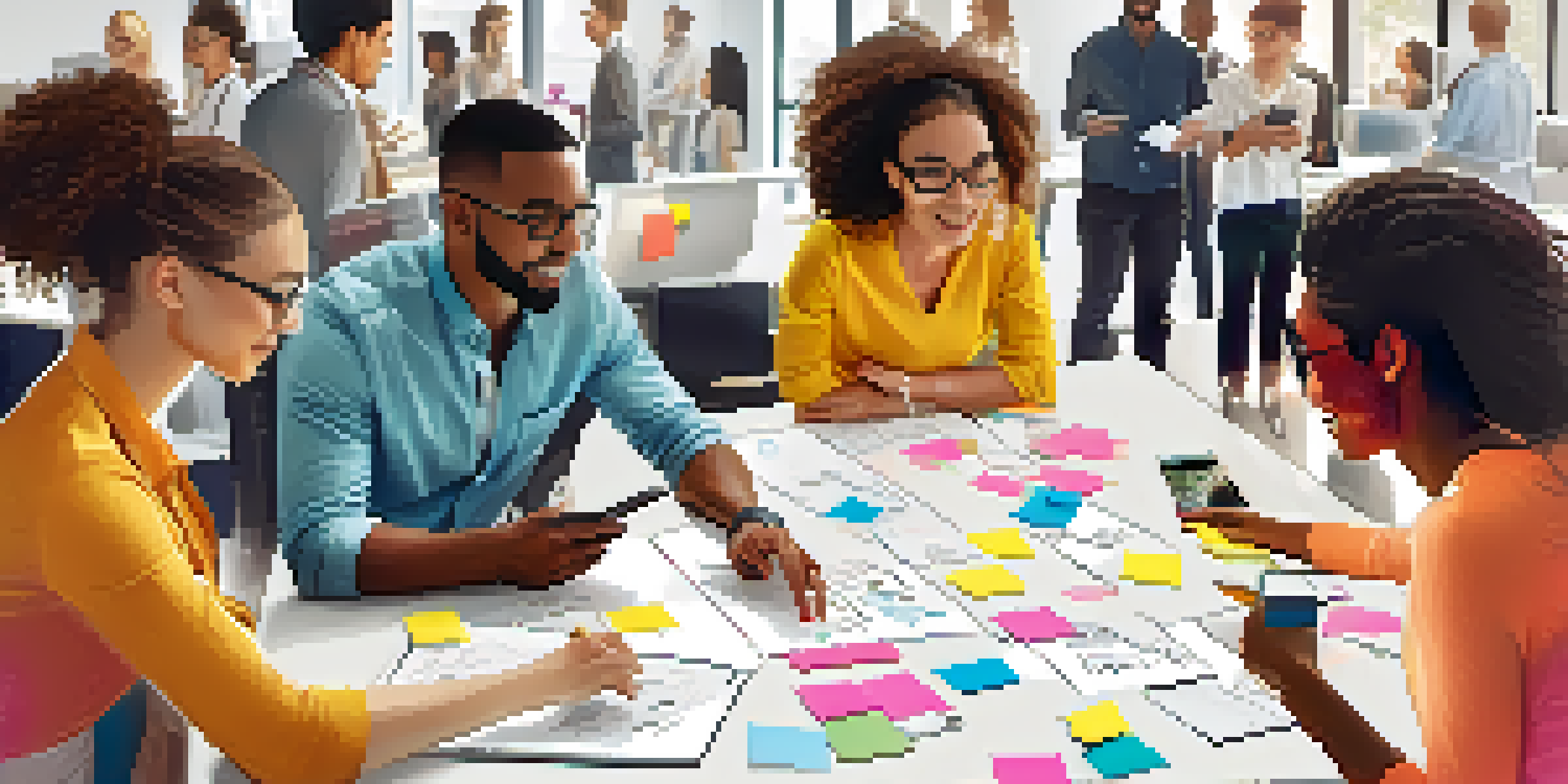 A group of diverse young professionals collaborating around a table with sticky notes and devices, filled with natural light and a whiteboard with ideas.