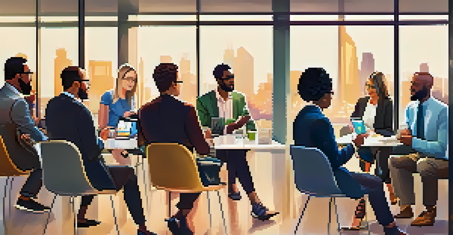 A diverse group of professionals networking and discussing ideas in a modern conference room.