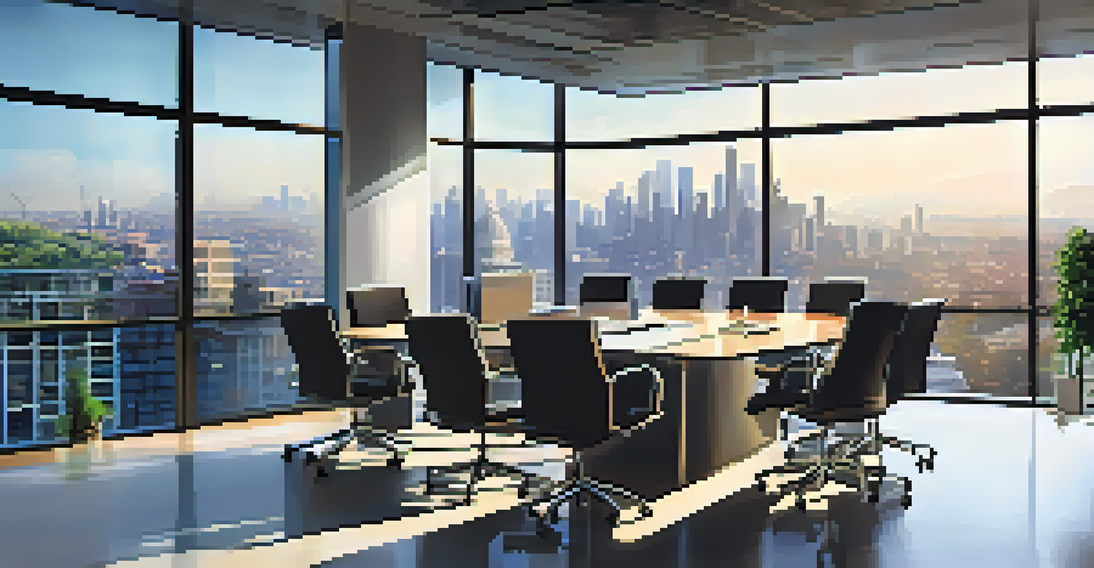 A diverse team in a bright meeting room discussing corporate social responsibility initiatives, with a city skyline in the background.