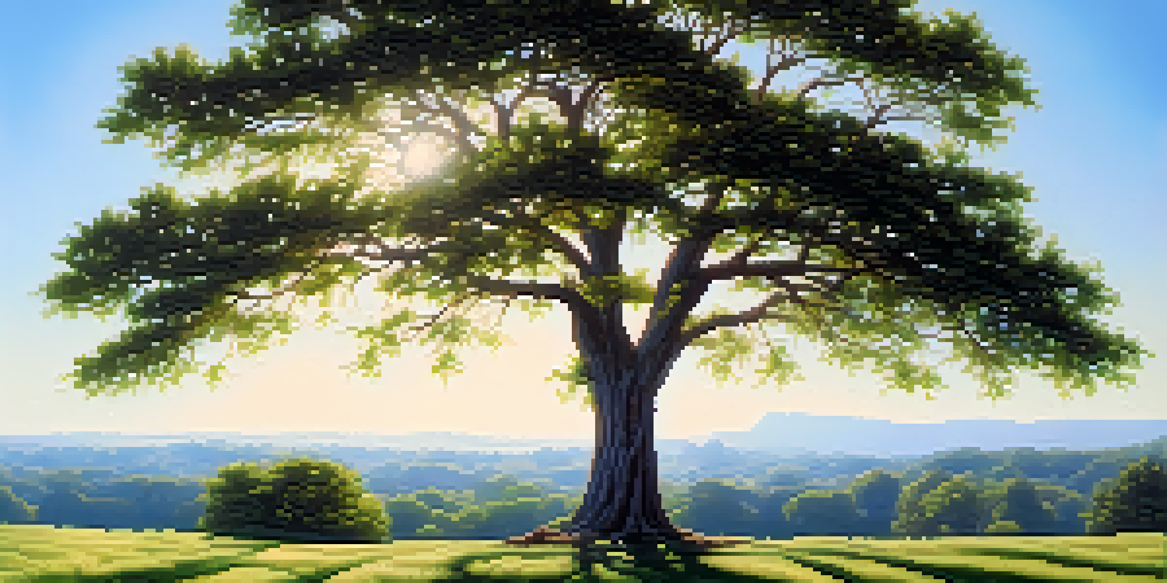 A strong tree swaying in the wind under a clear blue sky, surrounded by green foliage, representing resilience.