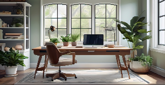 A cozy and bright home office with a laptop on a desk, houseplants, and a comfortable chair by a large window.