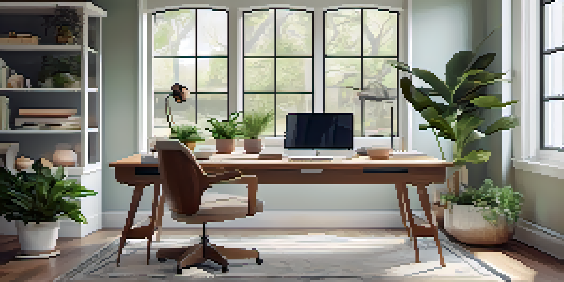 A cozy and bright home office with a laptop on a desk, houseplants, and a comfortable chair by a large window.