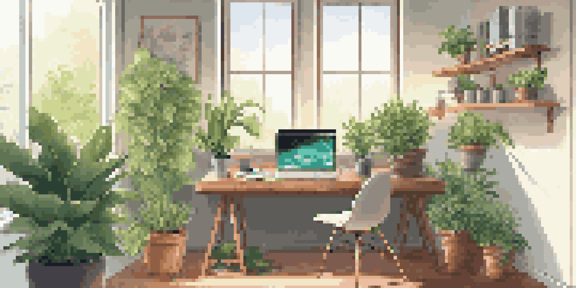 A bright and inviting workspace with a laptop, coding interface, and green plants.