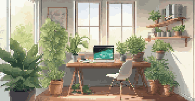 A bright and inviting workspace with a laptop, coding interface, and green plants.
