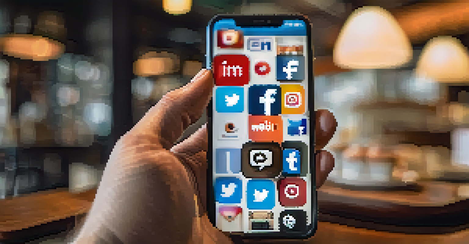 A smartphone showing social media apps related to job searching, set in a cozy coffee shop.