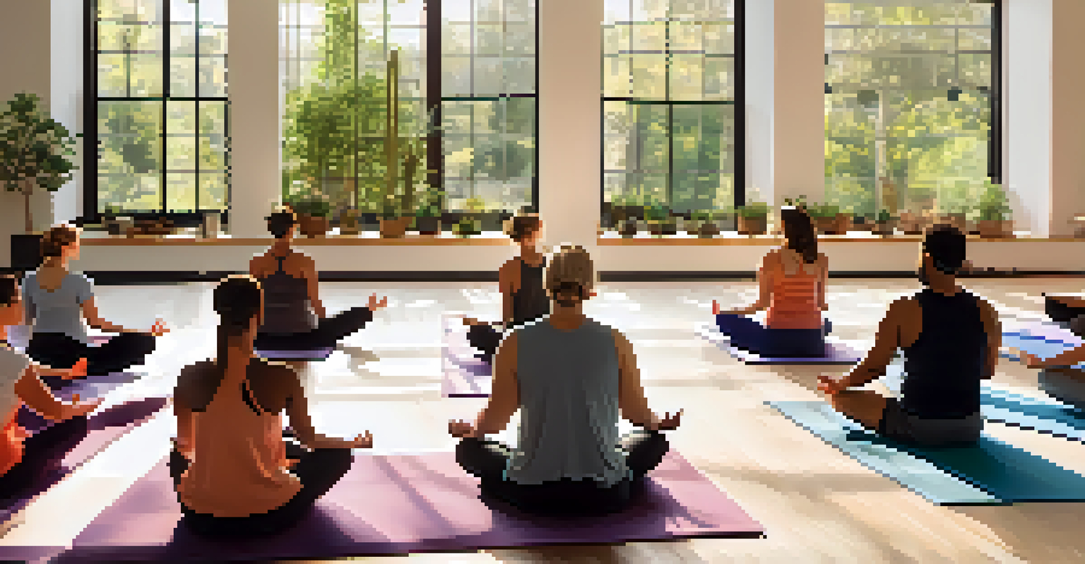 Employees practicing yoga in a bright room, following an instructor, with yoga mats and sunlight streaming in.