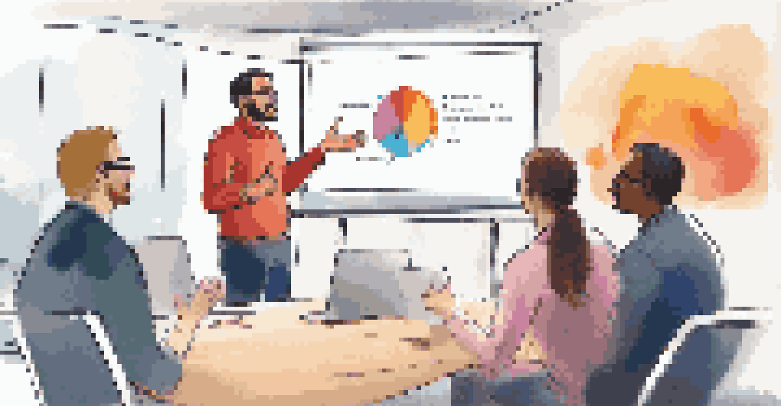 An individual presenting a project idea to a small audience in a bright meeting room, with a digital screen displaying key points and engaged listeners.