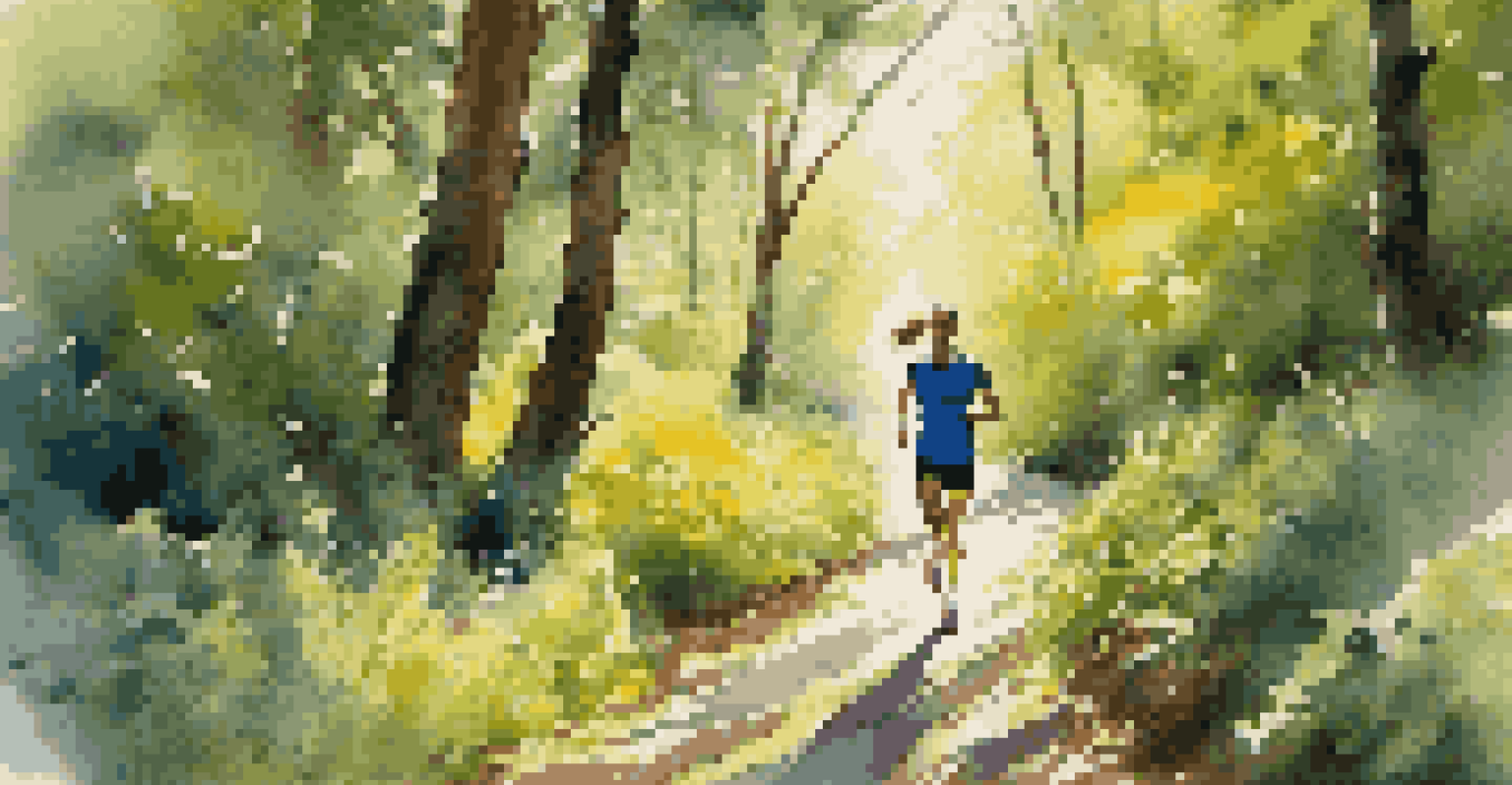 A runner in motion on a scenic trail surrounded by trees and wildflowers, embodying determination.