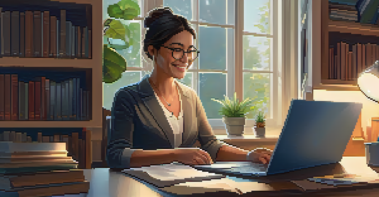 An employee in a cozy home office, smiling while working on a laptop with a cup of tea on the desk, surrounded by books and a plant.