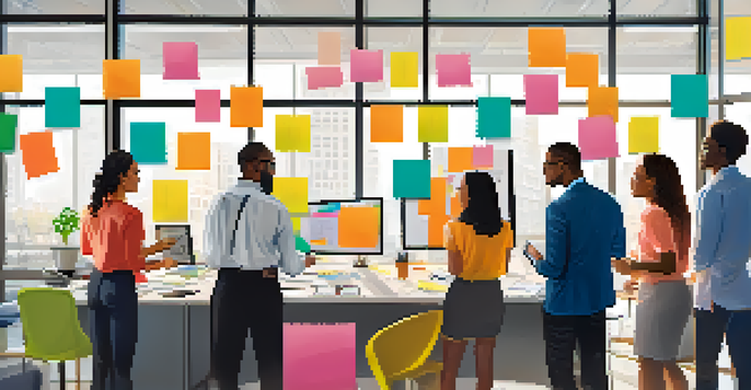 A diverse group of professionals brainstorming in a bright office with a whiteboard full of notes.