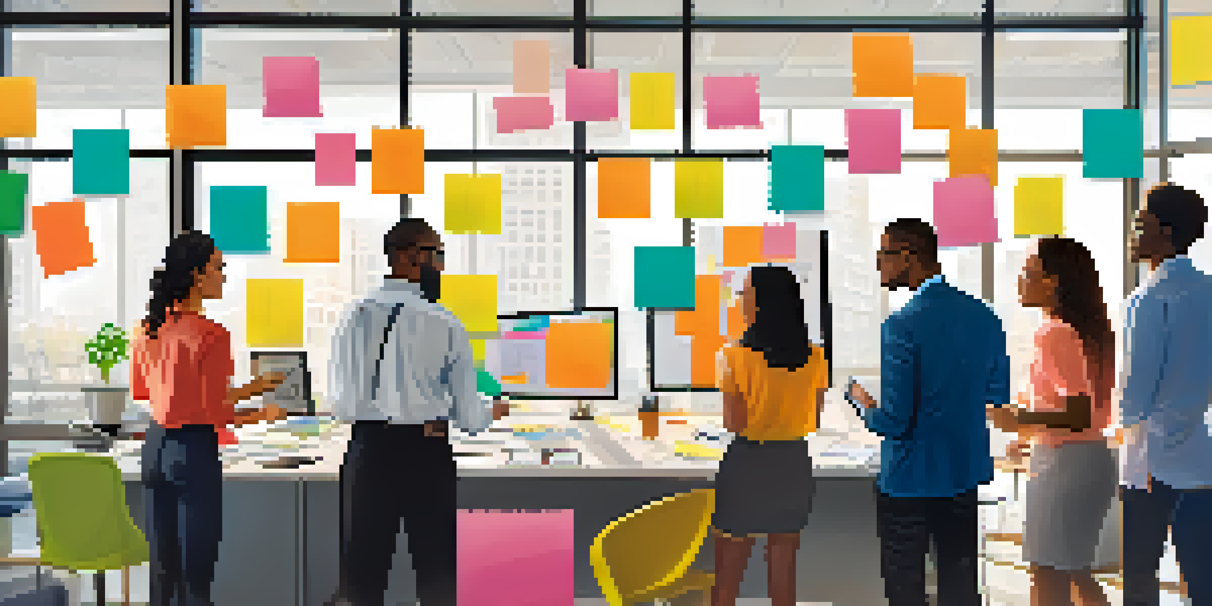 A diverse group of professionals brainstorming in a bright office with a whiteboard full of notes.