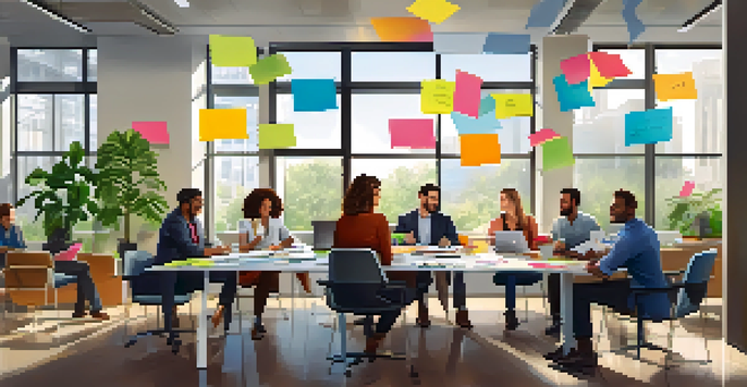 A diverse group of employees collaborating in a bright, modern office space, showcasing a positive workplace atmosphere.