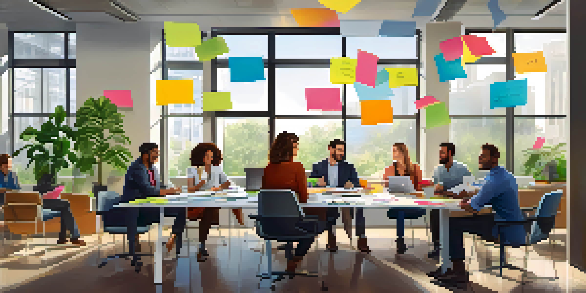A diverse group of employees collaborating in a bright, modern office space, showcasing a positive workplace atmosphere.