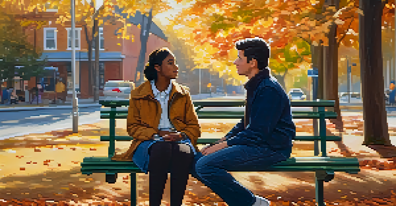 Two friends in a park, one speaking and the other listening attentively, with beautiful autumn leaves surrounding them.