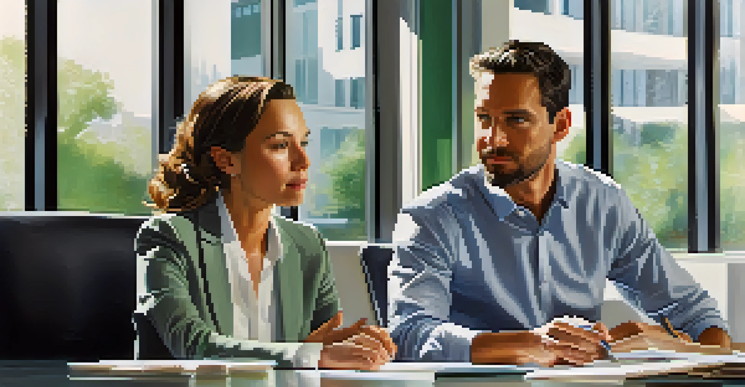 Two professionals in a meeting, one speaking and the other listening attentively in a modern office setting.