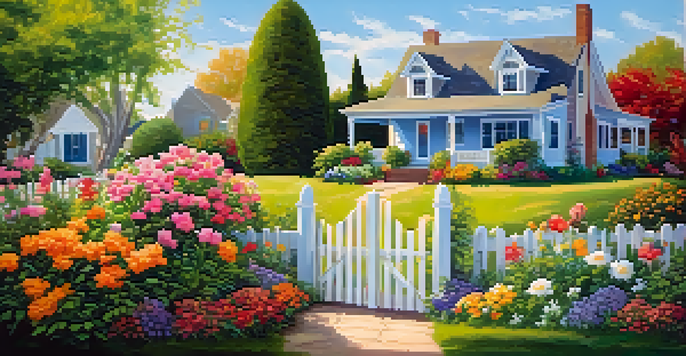 A beautiful garden surrounded by a white picket fence, filled with colorful flowers and a wooden bench under a clear blue sky.