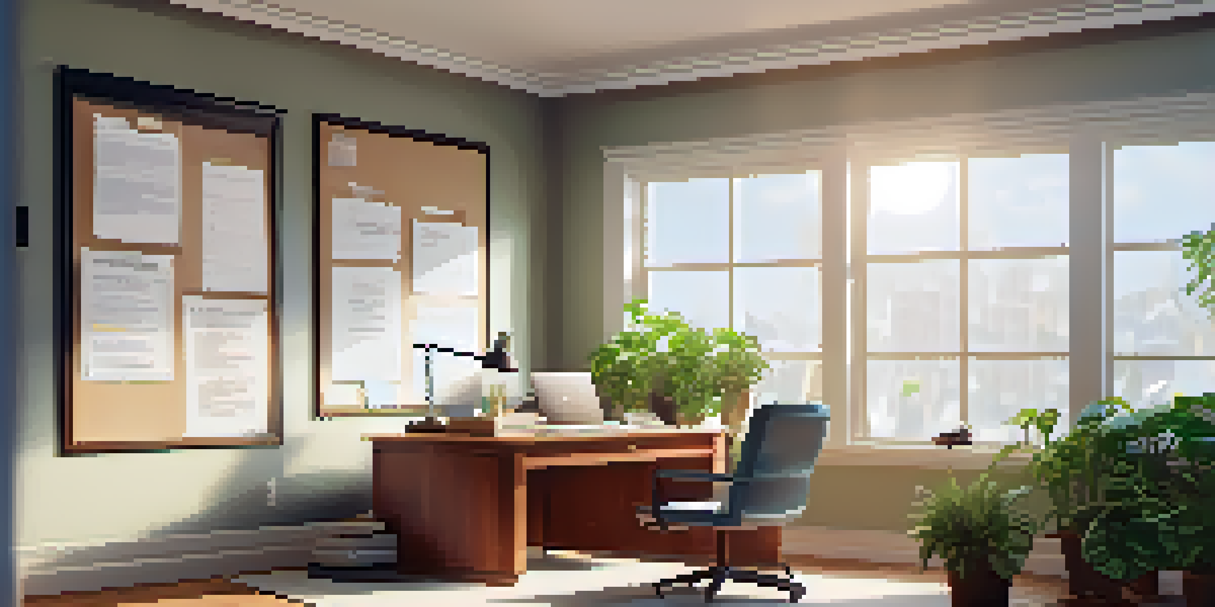 An organized office with a wooden desk, a laptop displaying a career action plan, and plants, illuminated by natural light.