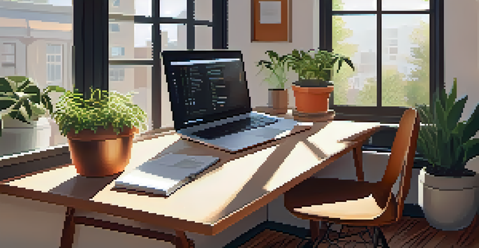 A well-lit office with a wooden desk, a laptop, and a notepad showing SMART goals, with sunlight and a potted plant.