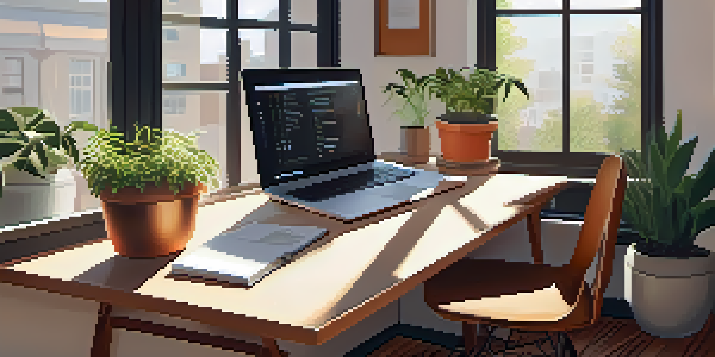 A well-lit office with a wooden desk, a laptop, and a notepad showing SMART goals, with sunlight and a potted plant.