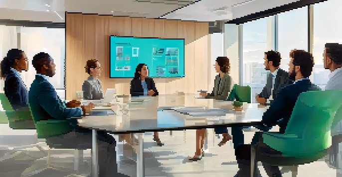 A diverse group of professionals in a bright meeting room, attentively listening to a leader presenting strategies on a digital screen.