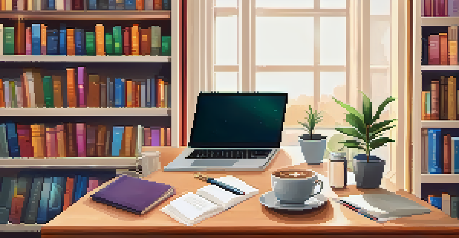 A well-organized desk with a laptop, notebook, and coffee cup in a cozy workspace with bookshelves and plants.