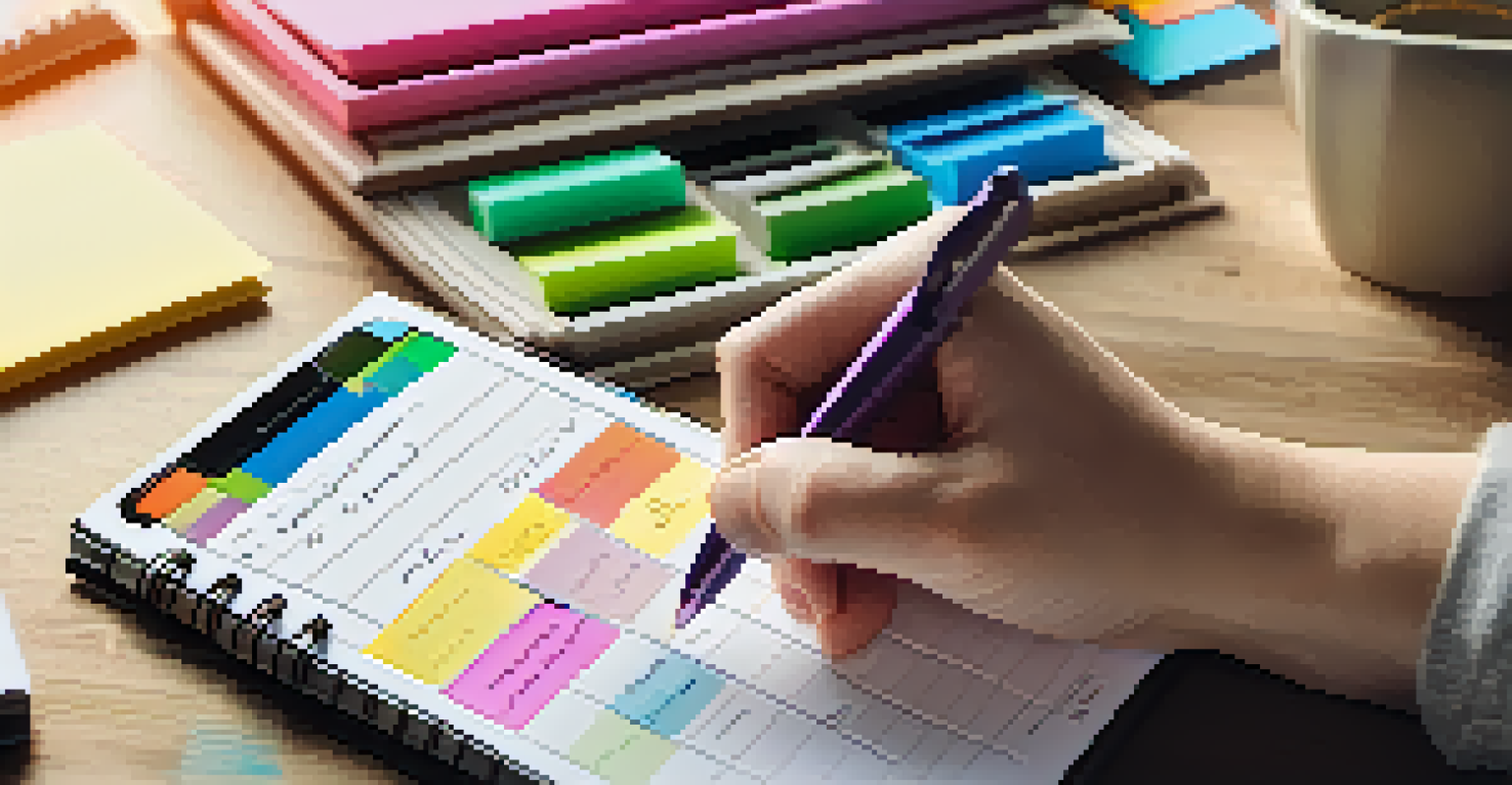 A hand writing in a budget planner with colorful sticky notes and a smartphone on a wooden table in soft morning light.