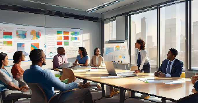 A diverse group of employees in a bright office meeting, discussing succession planning with a whiteboard filled with colorful diagrams.