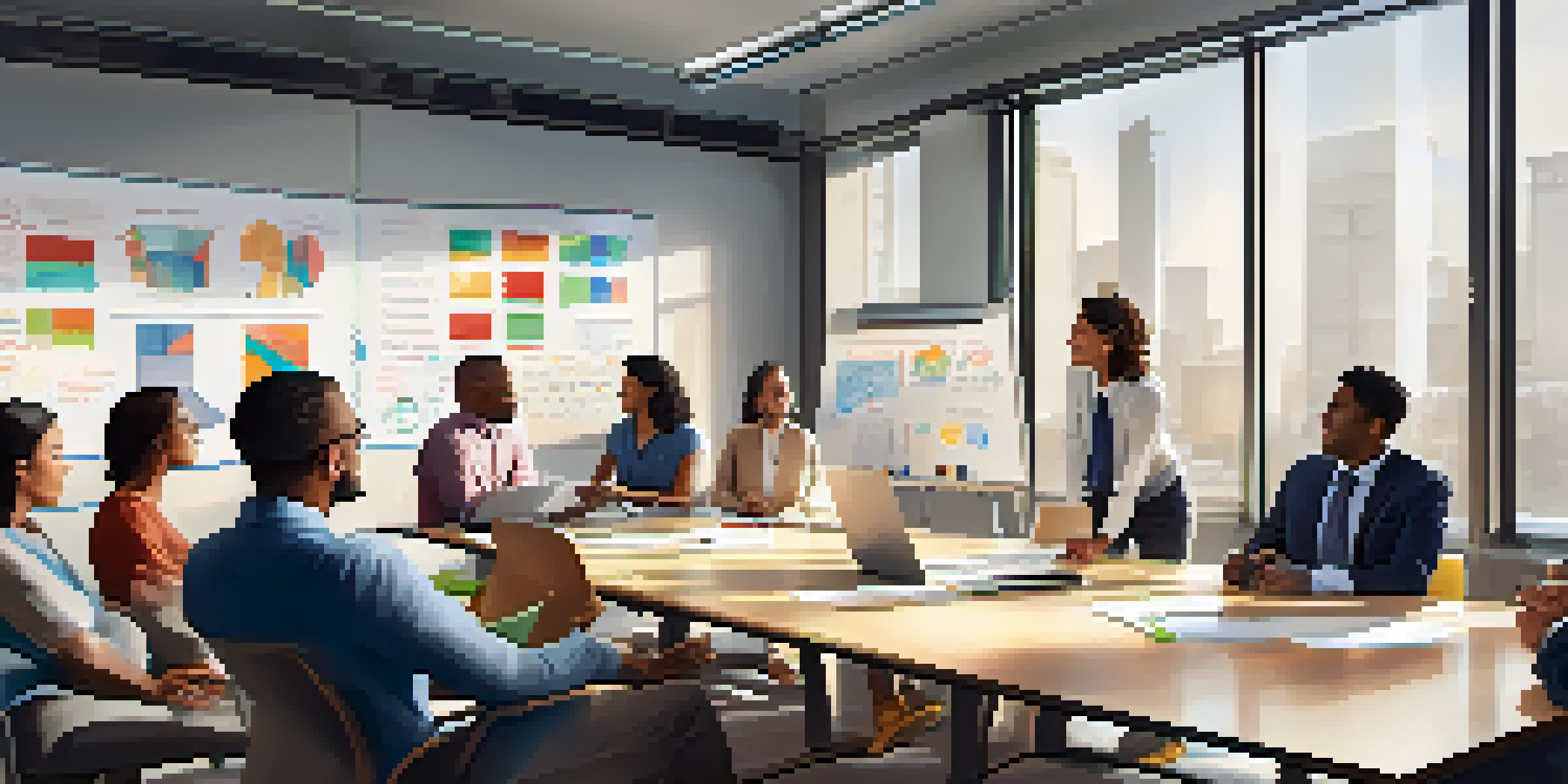 A diverse group of employees in a bright office meeting, discussing succession planning with a whiteboard filled with colorful diagrams.