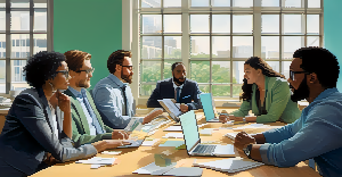 A diverse group of professionals discussing ideas around a conference table, surrounded by laptops and post-it notes, in a bright and airy room.