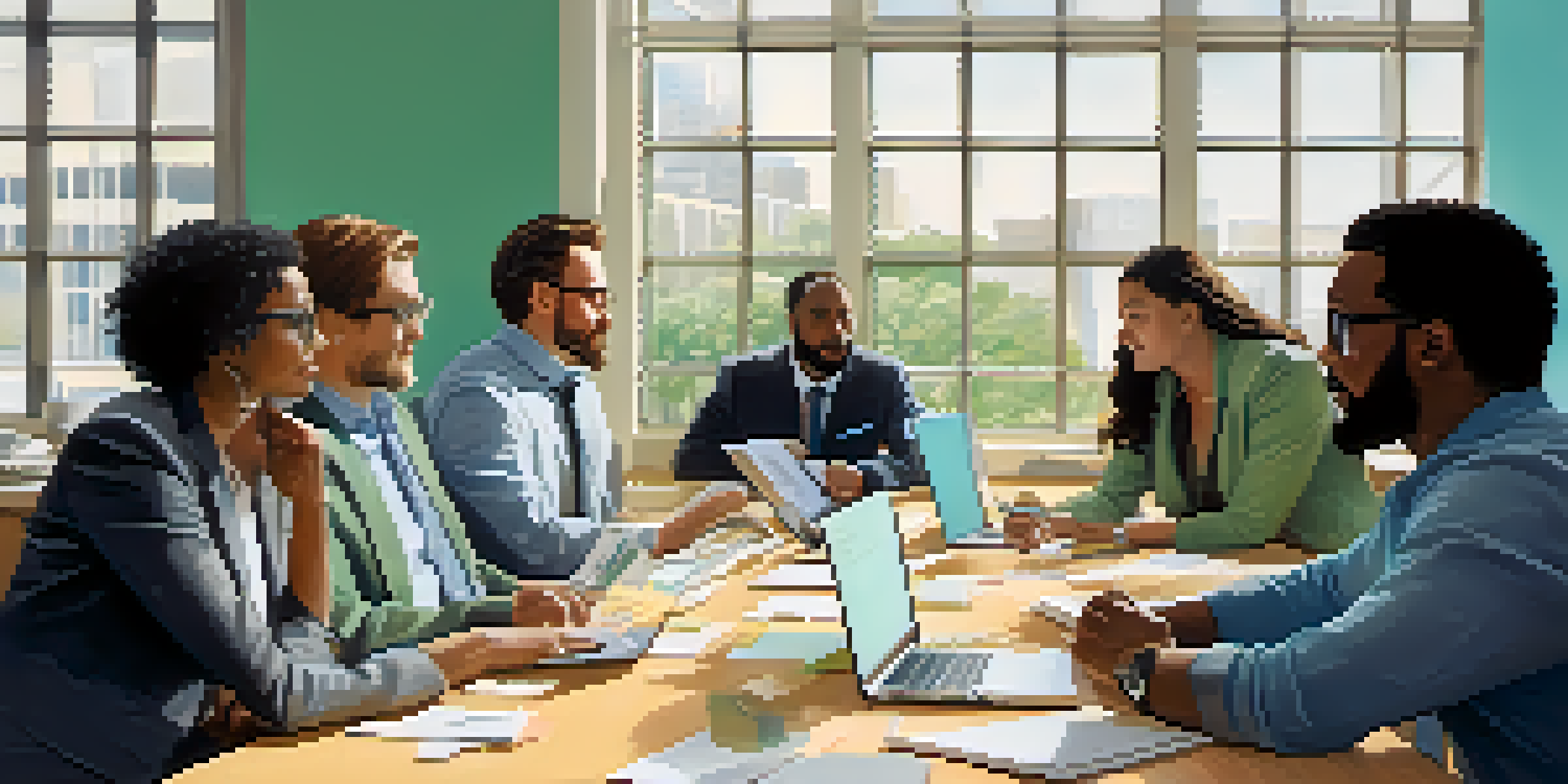 A diverse group of professionals discussing ideas around a conference table, surrounded by laptops and post-it notes, in a bright and airy room.