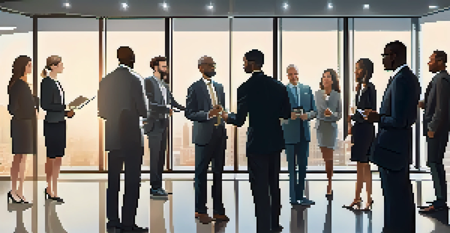 A group of professionals networking in a conference room, engaging in conversations.