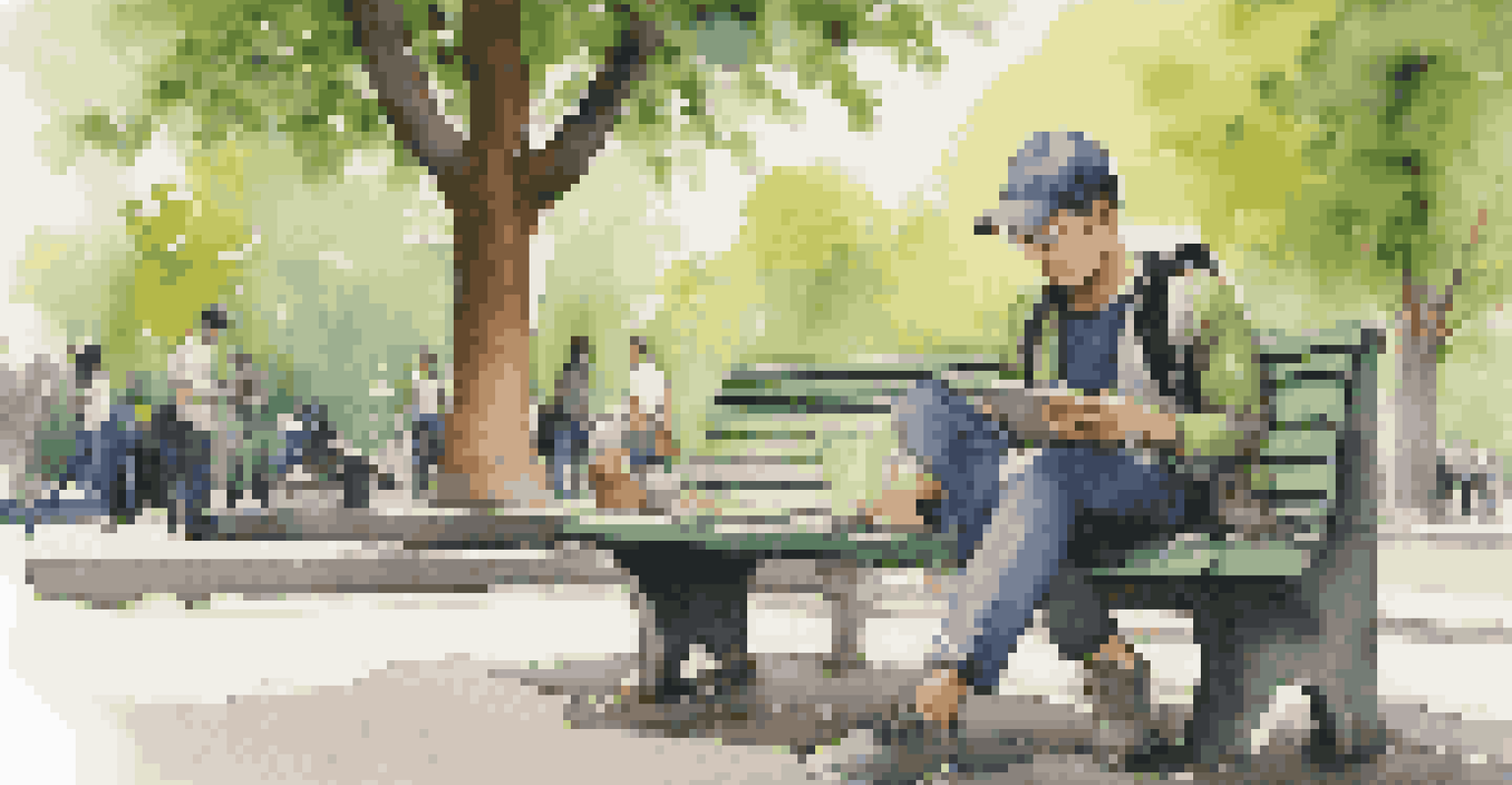 A gig worker tracking earnings on a smartphone while sitting on a park bench in a park.