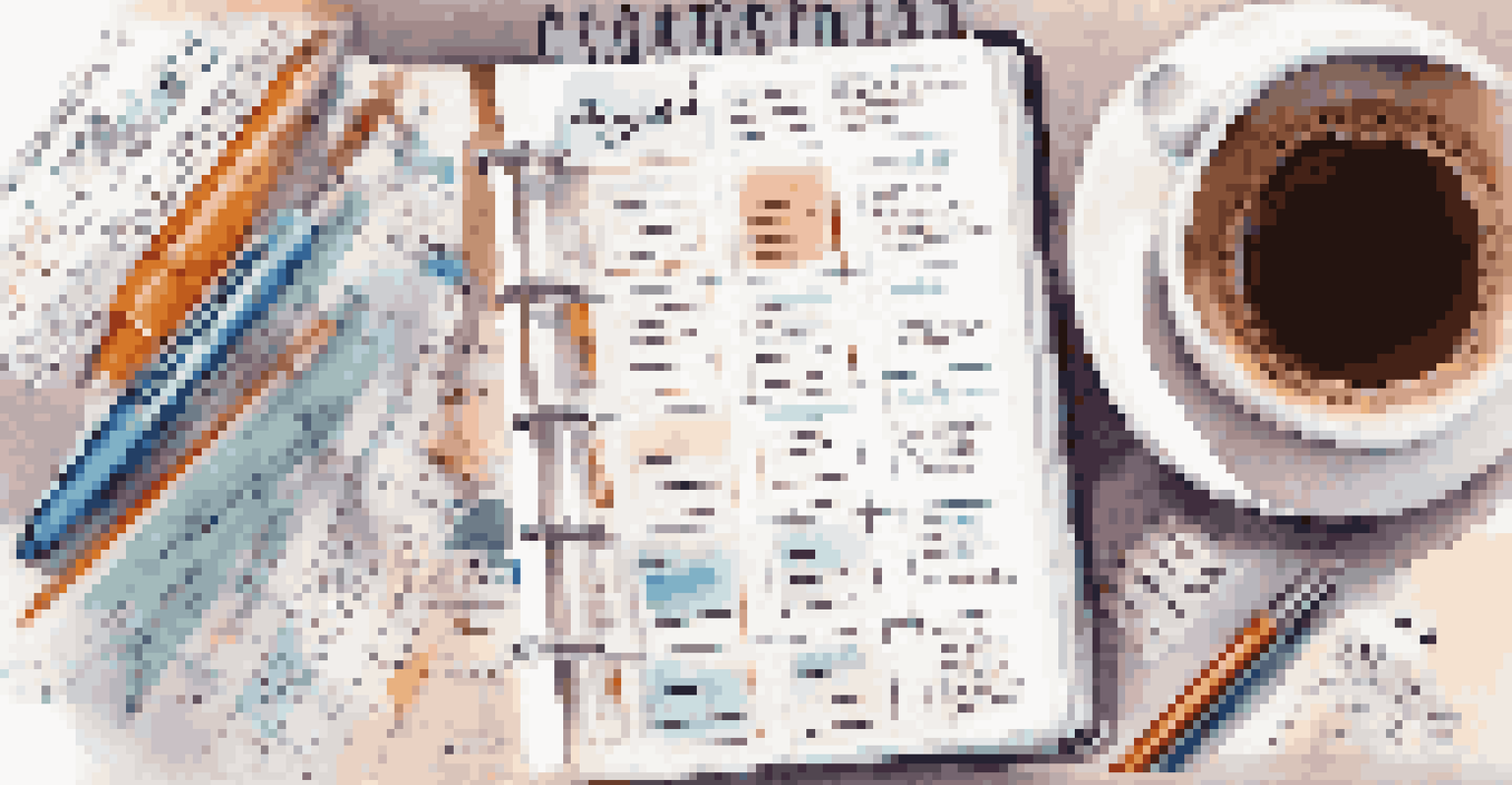 A close-up of a budget planner with notes, pens, and a calculator.