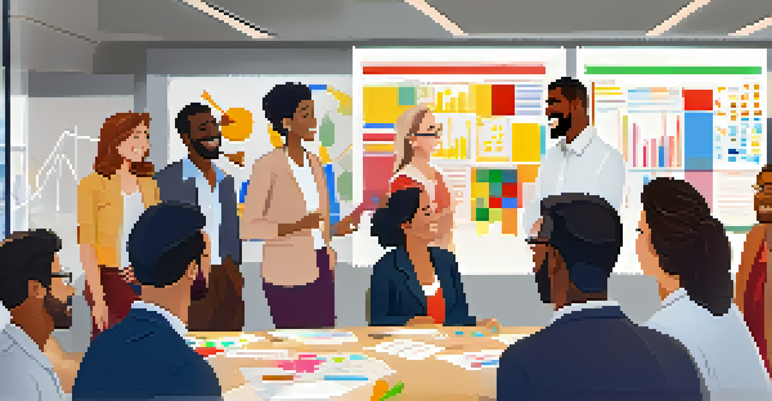 A diverse group of professionals discussing ideas around a whiteboard filled with colorful charts.