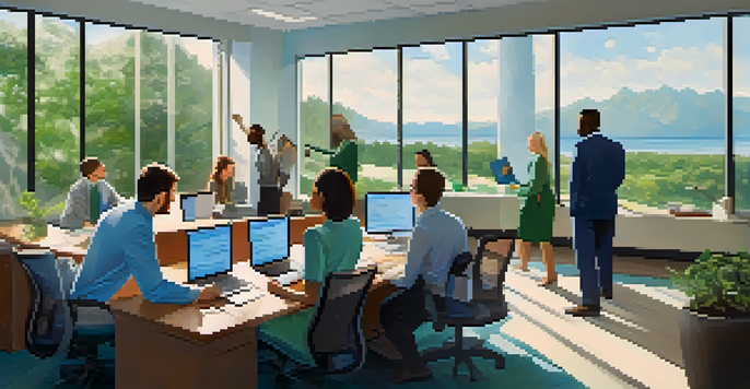 A diverse group of employees collaborating in a bright office space, engaged in a brainstorming session.