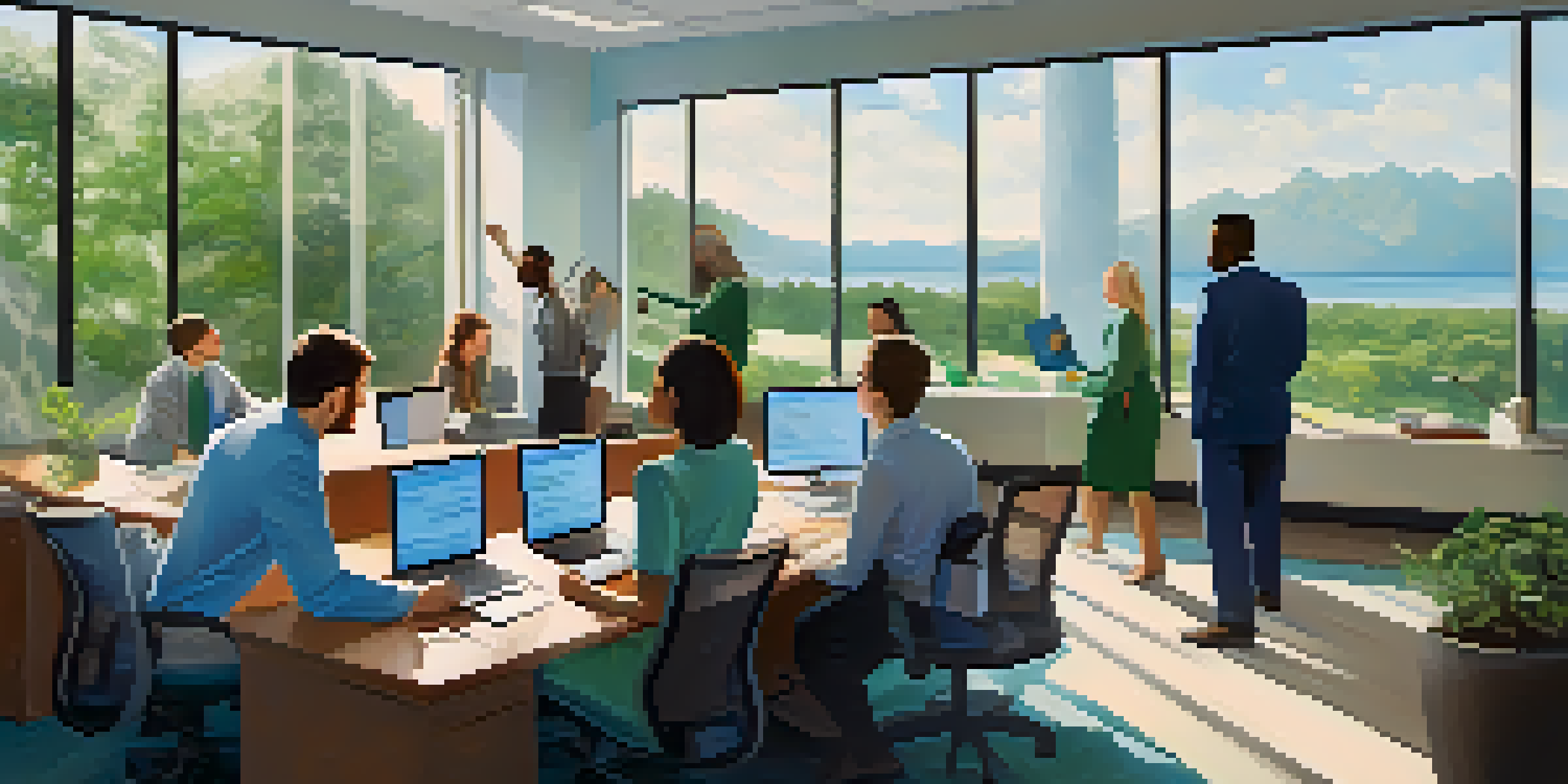 A diverse group of employees collaborating in a bright office space, engaged in a brainstorming session.