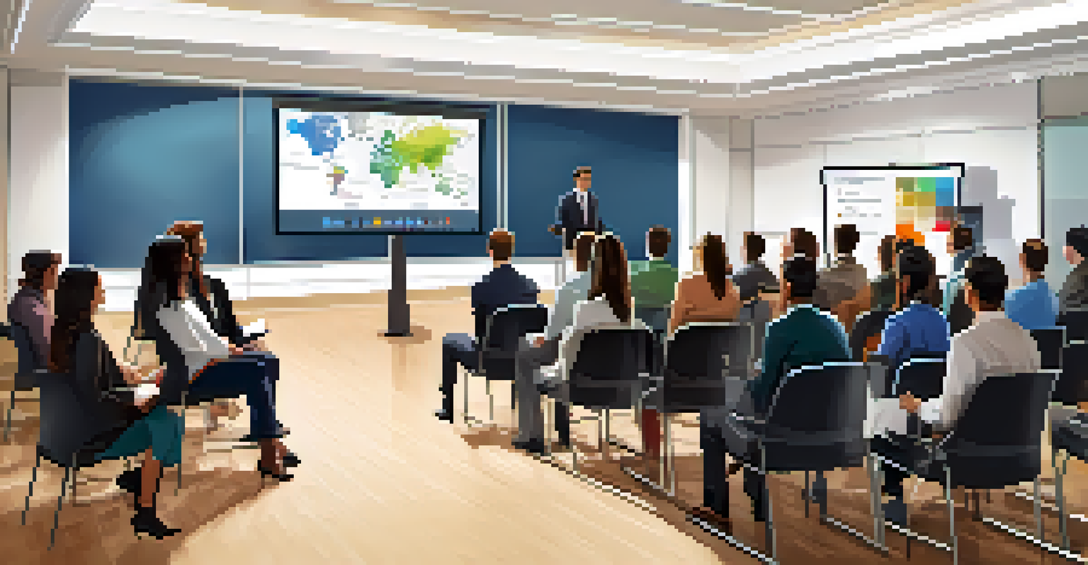 A professional presenting to an engaged audience in a modern conference room, with visual aids on a screen and attendees actively listening.