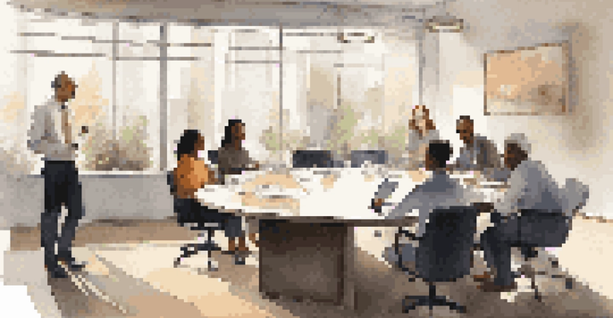 A diverse group of employees engaged in a performance review discussion in a bright office setting, with a manager showing empathy.