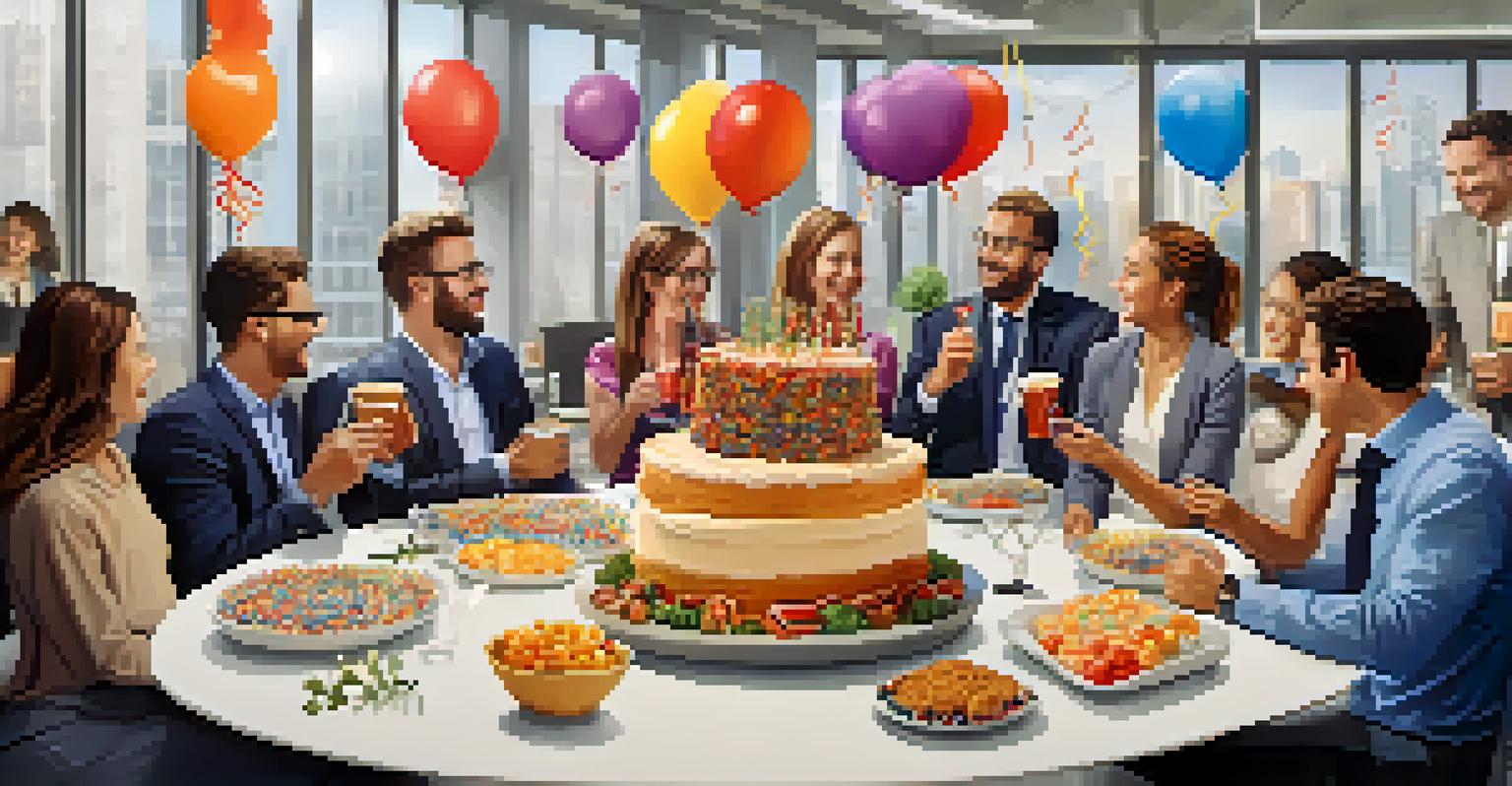 A cheerful milestone celebration in an office, with colleagues enjoying snacks and celebrating together.