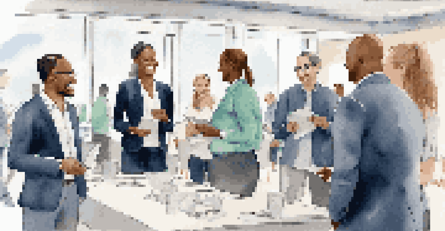 A diverse group of professionals networking in a conference room, exchanging cards and smiling.