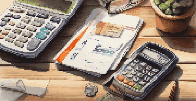 A modern credit card lying on a wooden table with a calculator, notepad, and smartphone around it, illuminated by soft natural light.