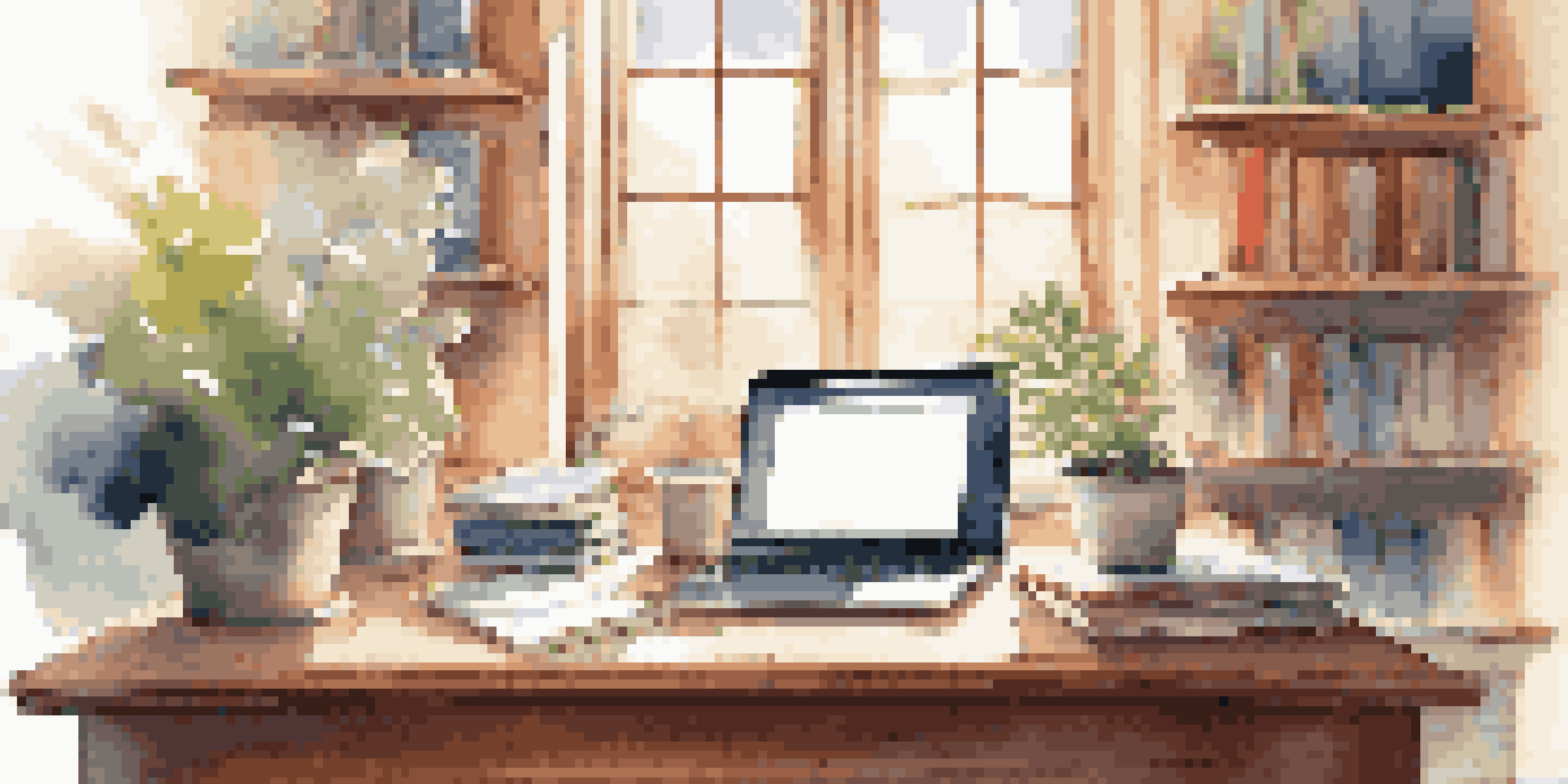 A cozy study area featuring a desk with a laptop, books, coffee, and a plant, illuminated by soft morning light.