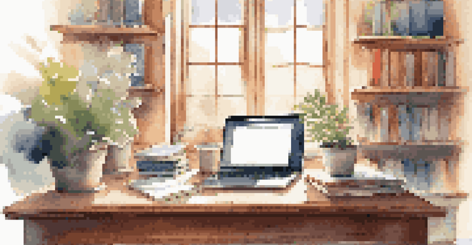 A cozy study area featuring a desk with a laptop, books, coffee, and a plant, illuminated by soft morning light.