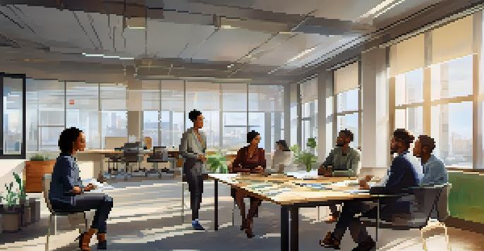 A diverse team collaborating in a bright office, discussing around a table filled with charts and notes.